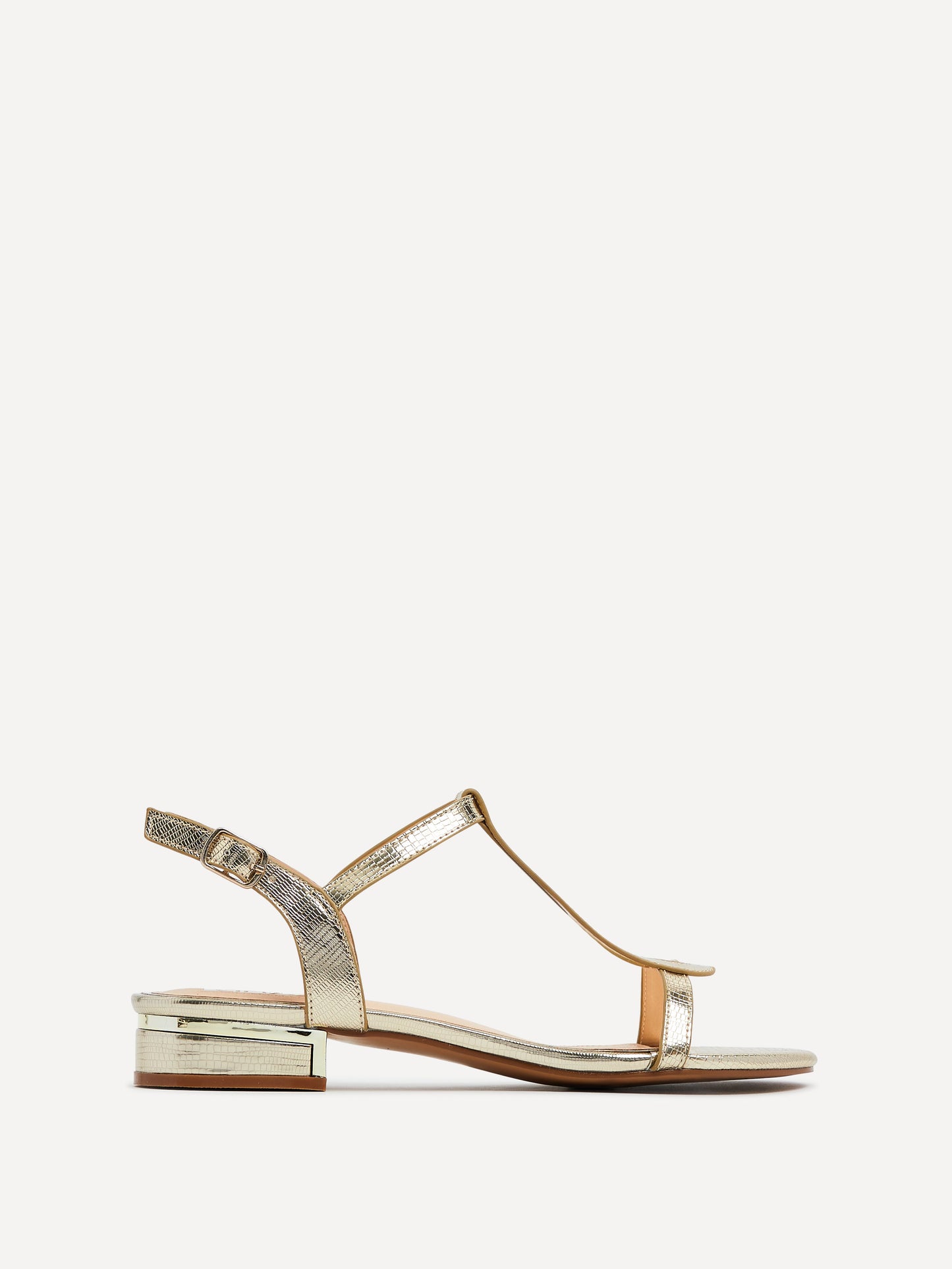Lavish Gold T-Bar Low Block Heeled Sandals