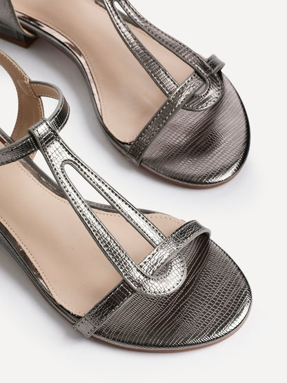 Lavish Pewter T-Bar Low Block Heeled Sandals
