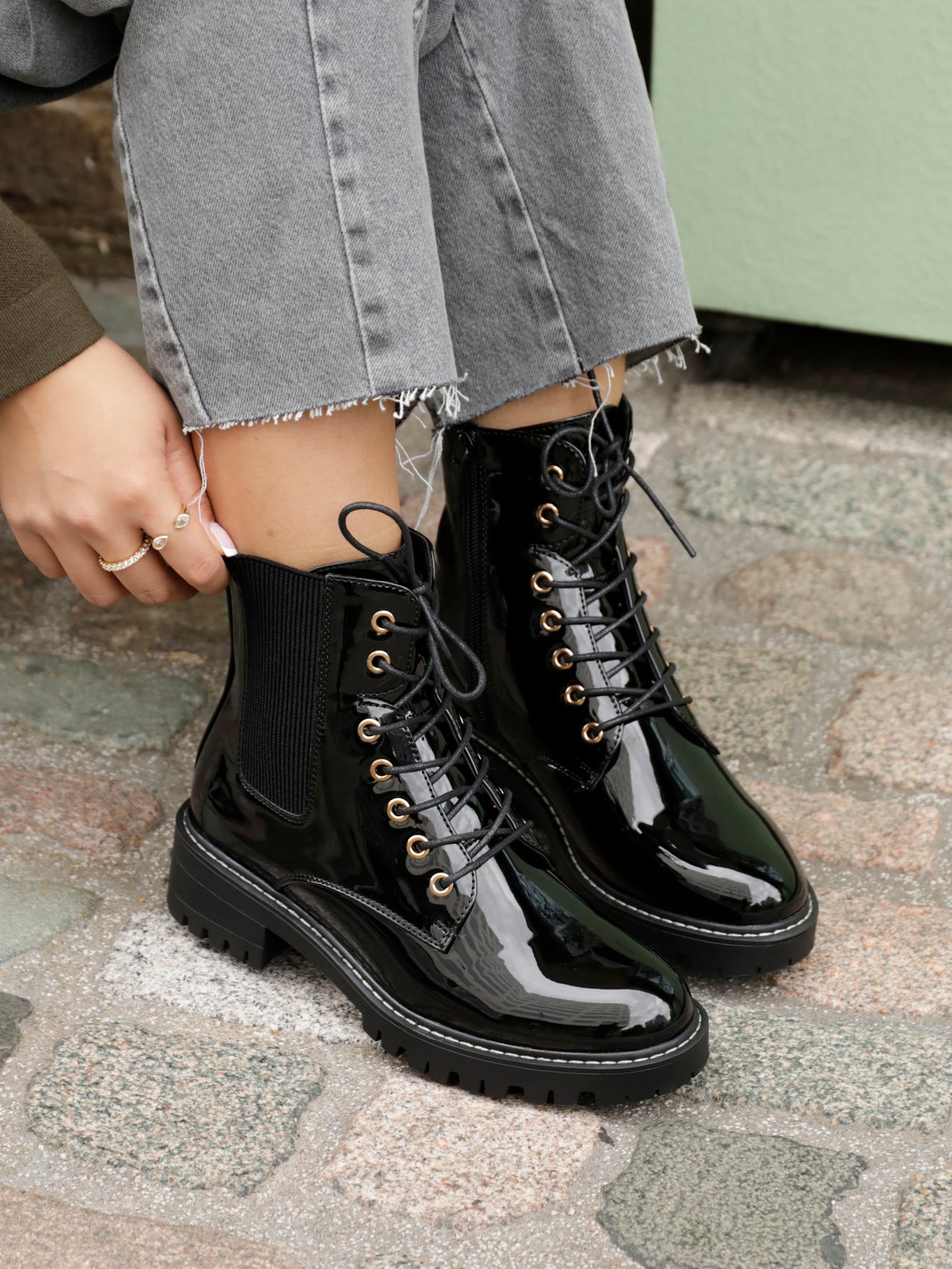 Layna Black Patent Military Boots