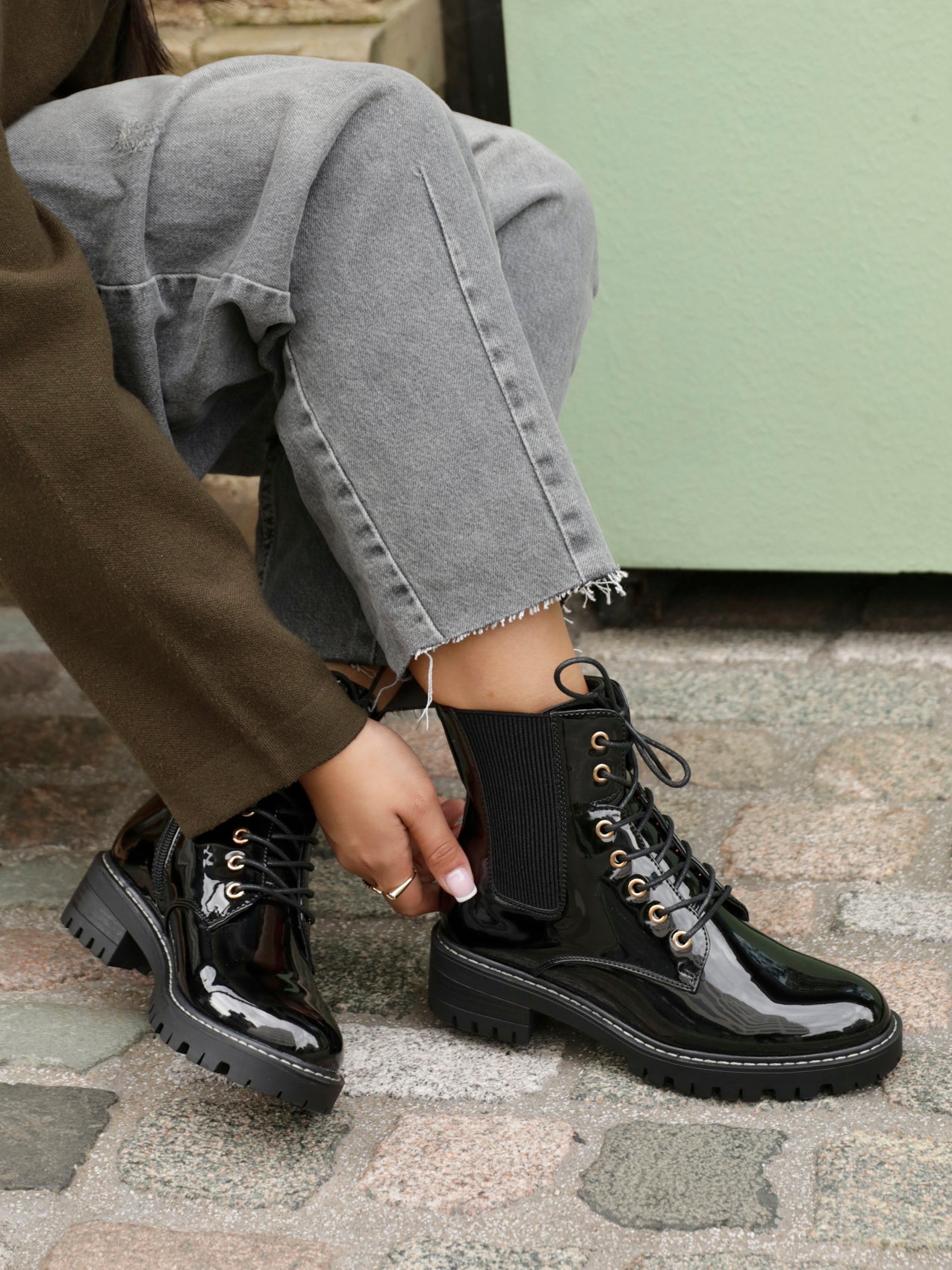 Layna Black Patent Military Boots