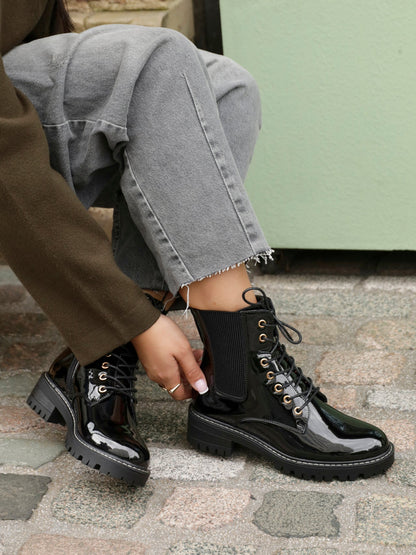 Layna Black Patent Military Boots