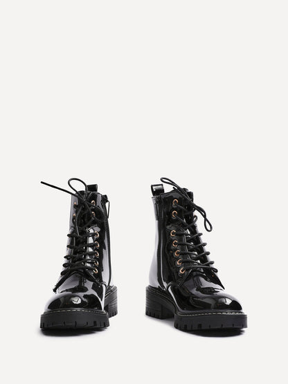 Layna Black Patent Military Boots