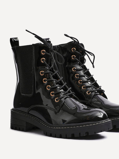 Layna Black Patent Military Boots