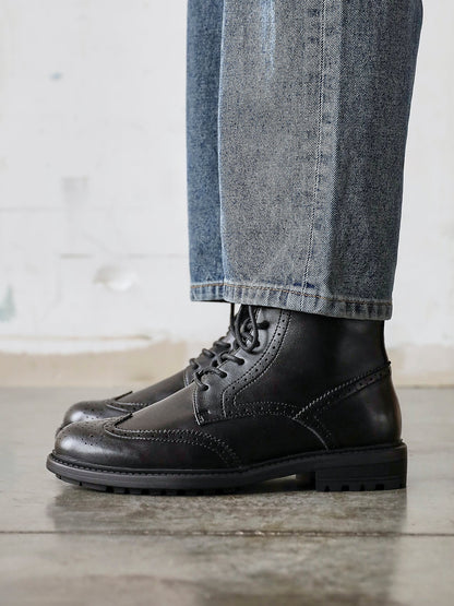 Leonardo Mens Black Faux Leather Brogue Boots