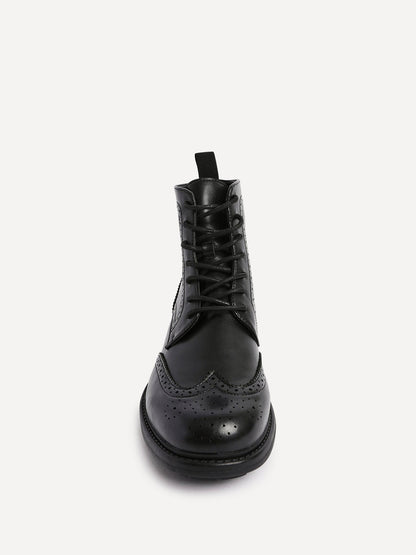 Leonardo Mens Black Faux Leather Brogue Boots