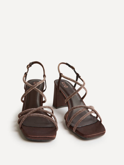 Leyla Brown Satin Diamante Heeled Sandals