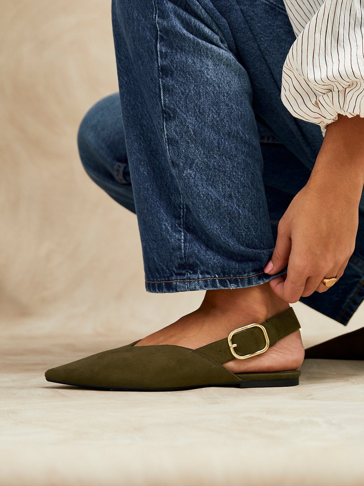 Lorna Khaki Faux Suede Ballet Flats