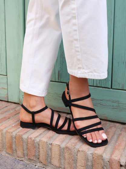Lucie Black Mini Block Heel Strappy Sandals