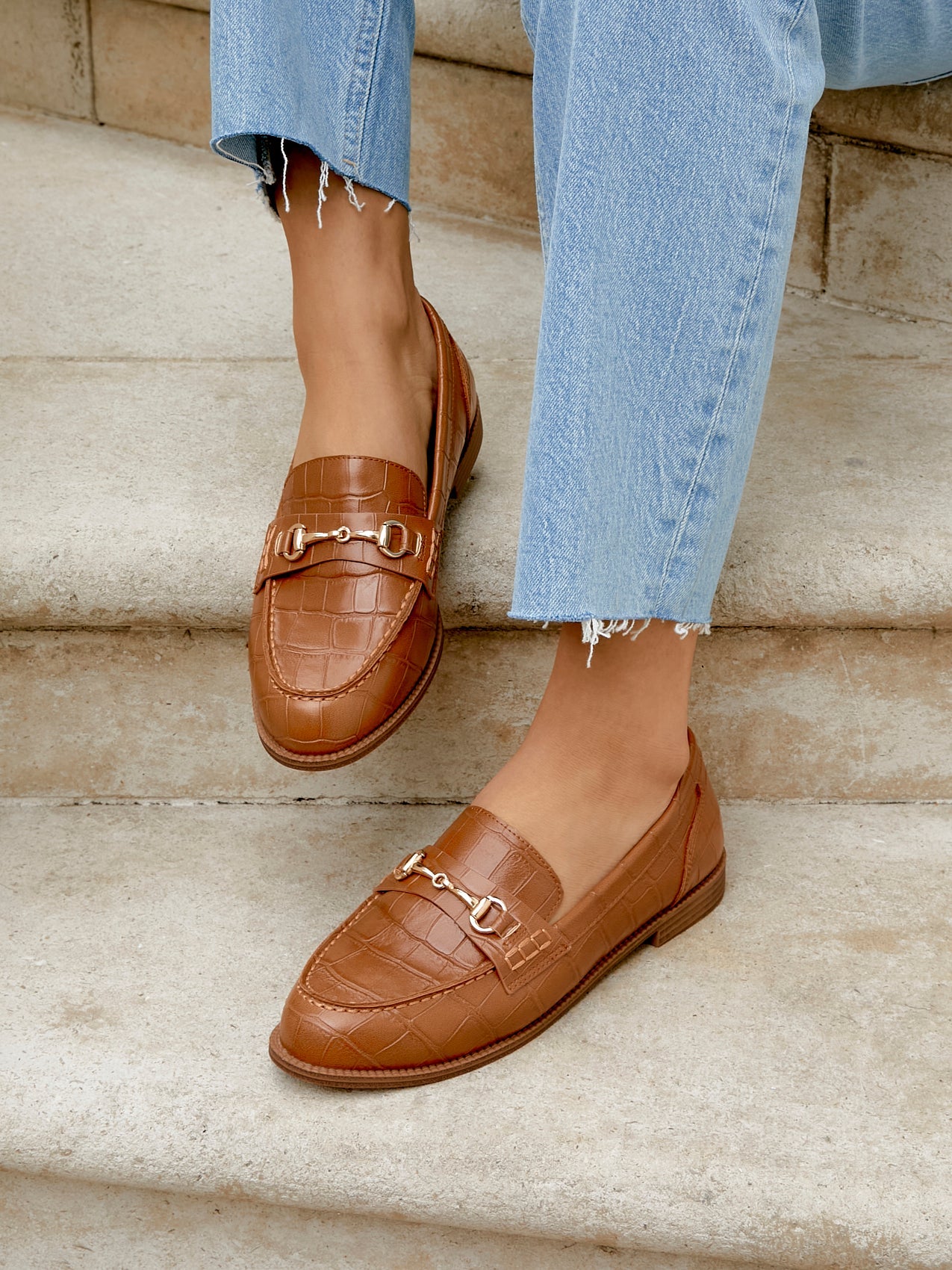 Maison Tan Faux Croc Patent Leather Loafers