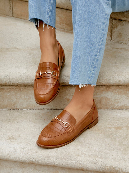 Maison Tan Faux Croc Patent Leather Loafers