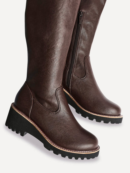 Maintain Wide Fit Brown Faux Leather Long Boots