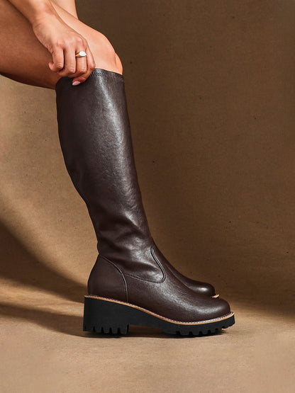 Maintain Wide Fit Brown Faux Leather Long Boots