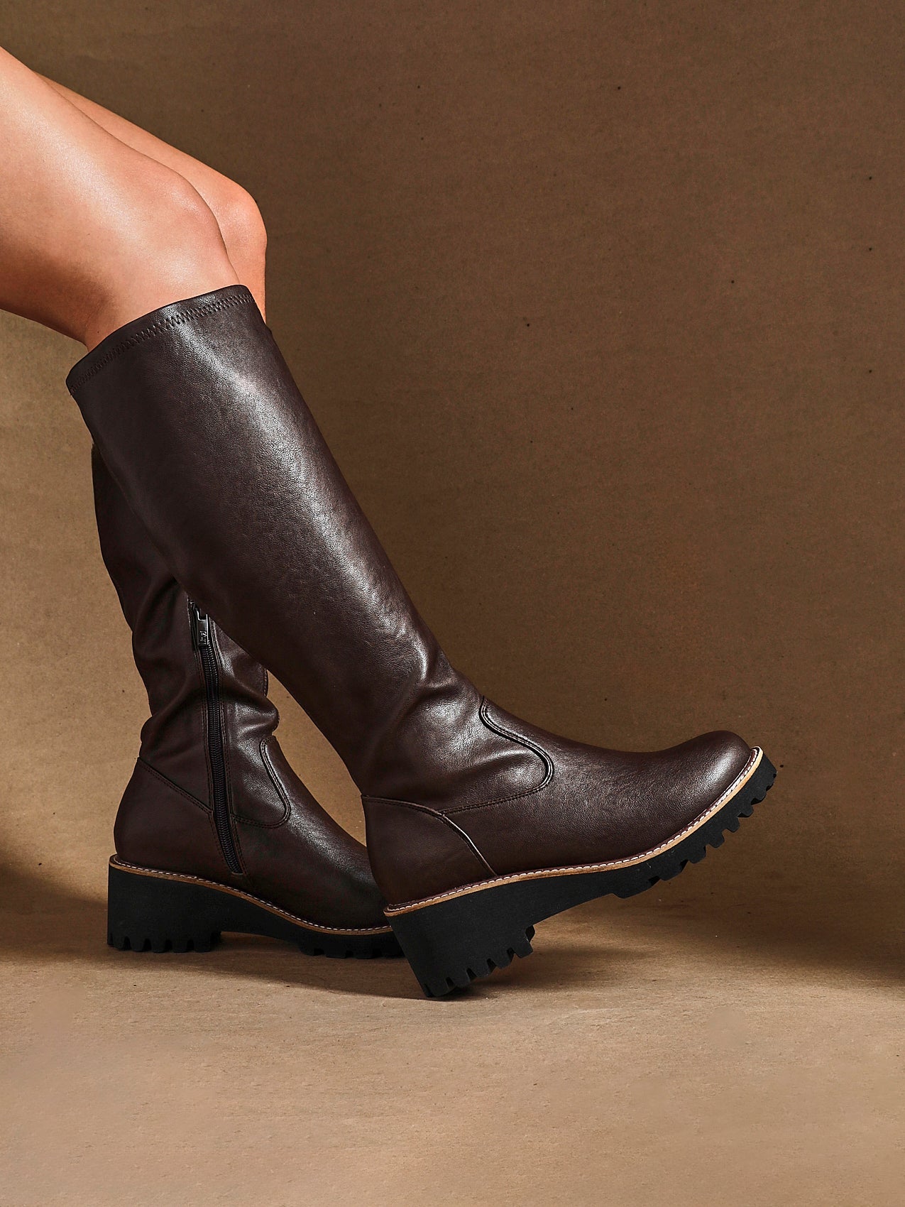 Maintain Wide Fit Brown Faux Leather Long Boots