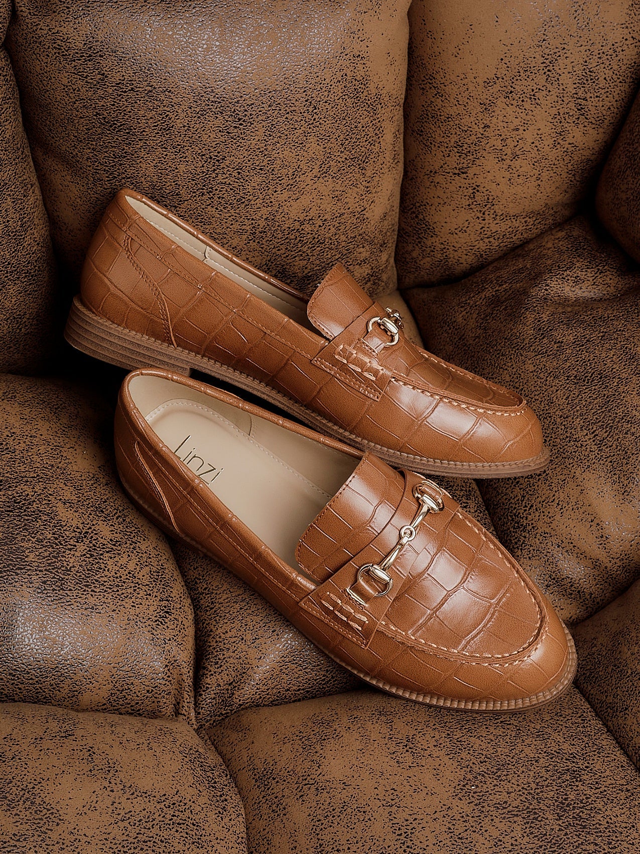 Maison Tan Faux Croc Patent Leather Loafers