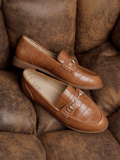 Maison Tan Faux Croc Patent Leather Loafers