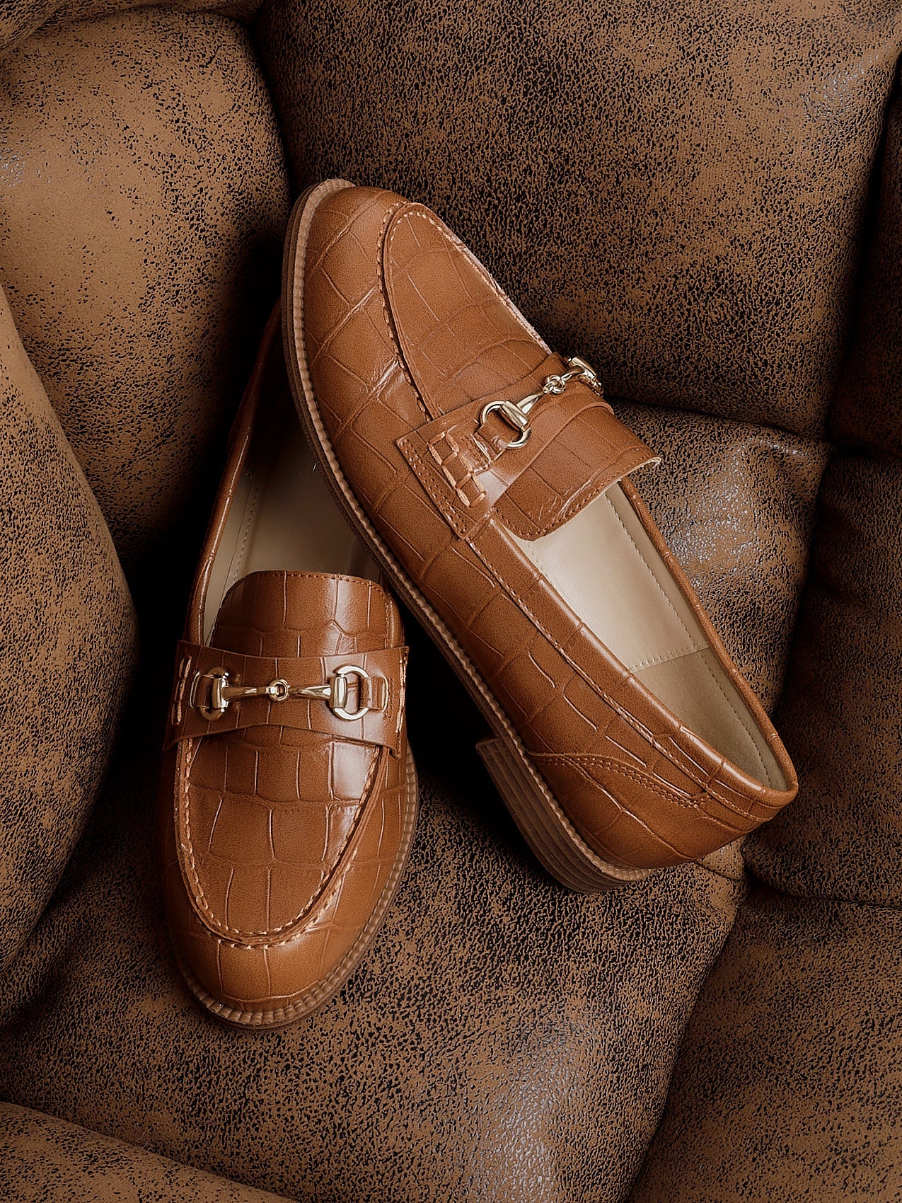 Maison Tan Faux Croc Patent Leather Loafers
