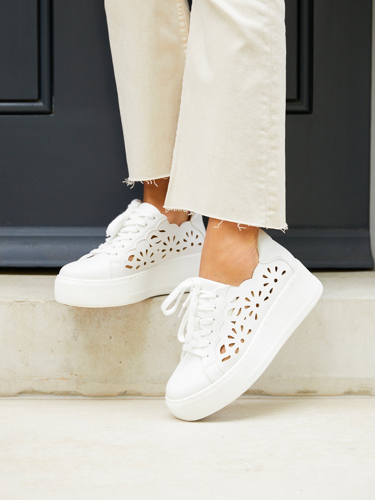 Mallory White Floral Faux Leather Trainers