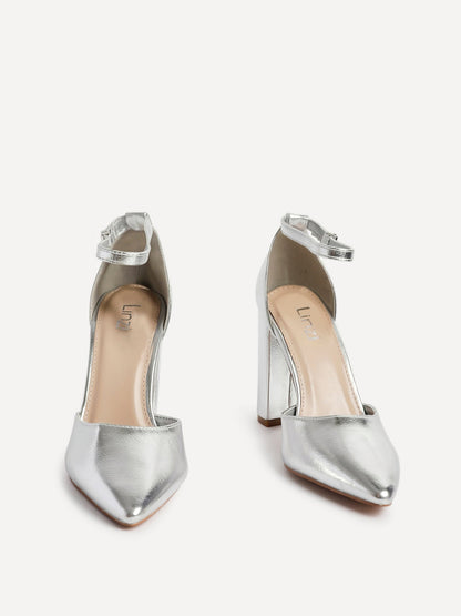 Mara Silver Faux Leather Block Court Heels