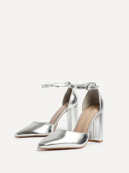 Mara Silver Faux Leather Block Court Heels