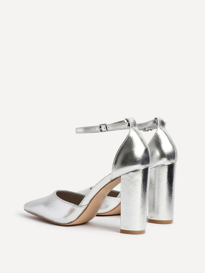 Mara Silver Faux Leather Block Court Heels