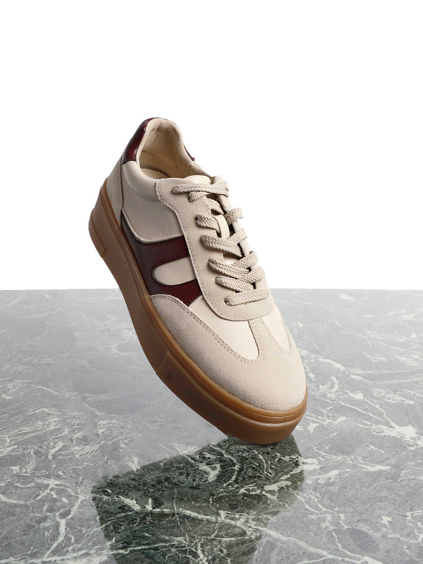 Kaia Nude and Burgundy Faux Leather Trainers