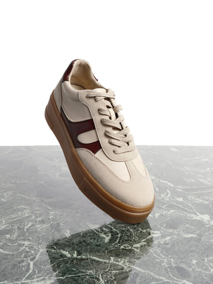 Kaia Nude and Burgundy Faux Leather Trainers