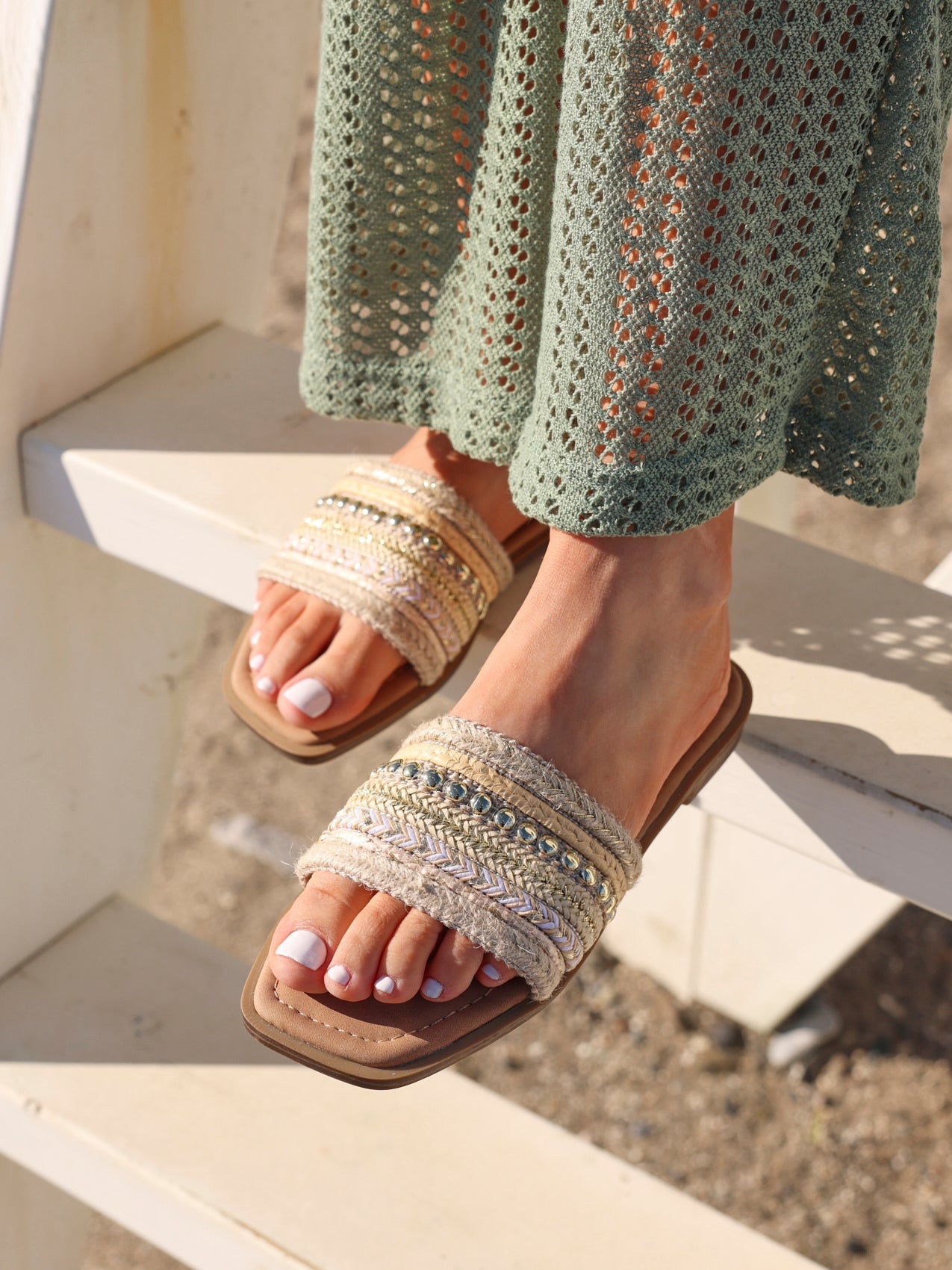 Mariel Natural Embellished Flat Sandals