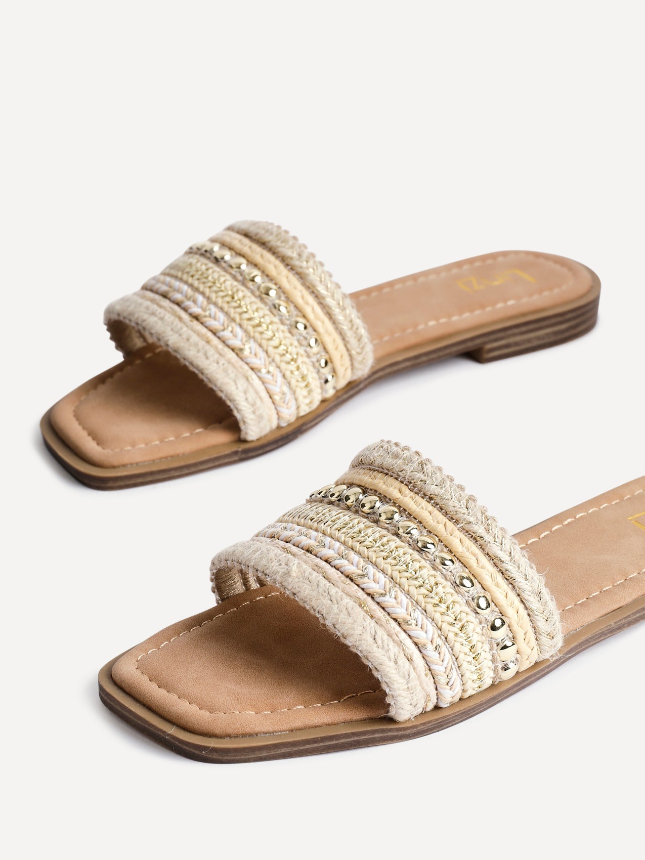 Mariel Natural Embellished Flat Sandals