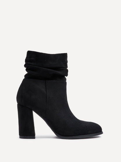 Mila Black Suede Heeled Ruched Ankle Boots