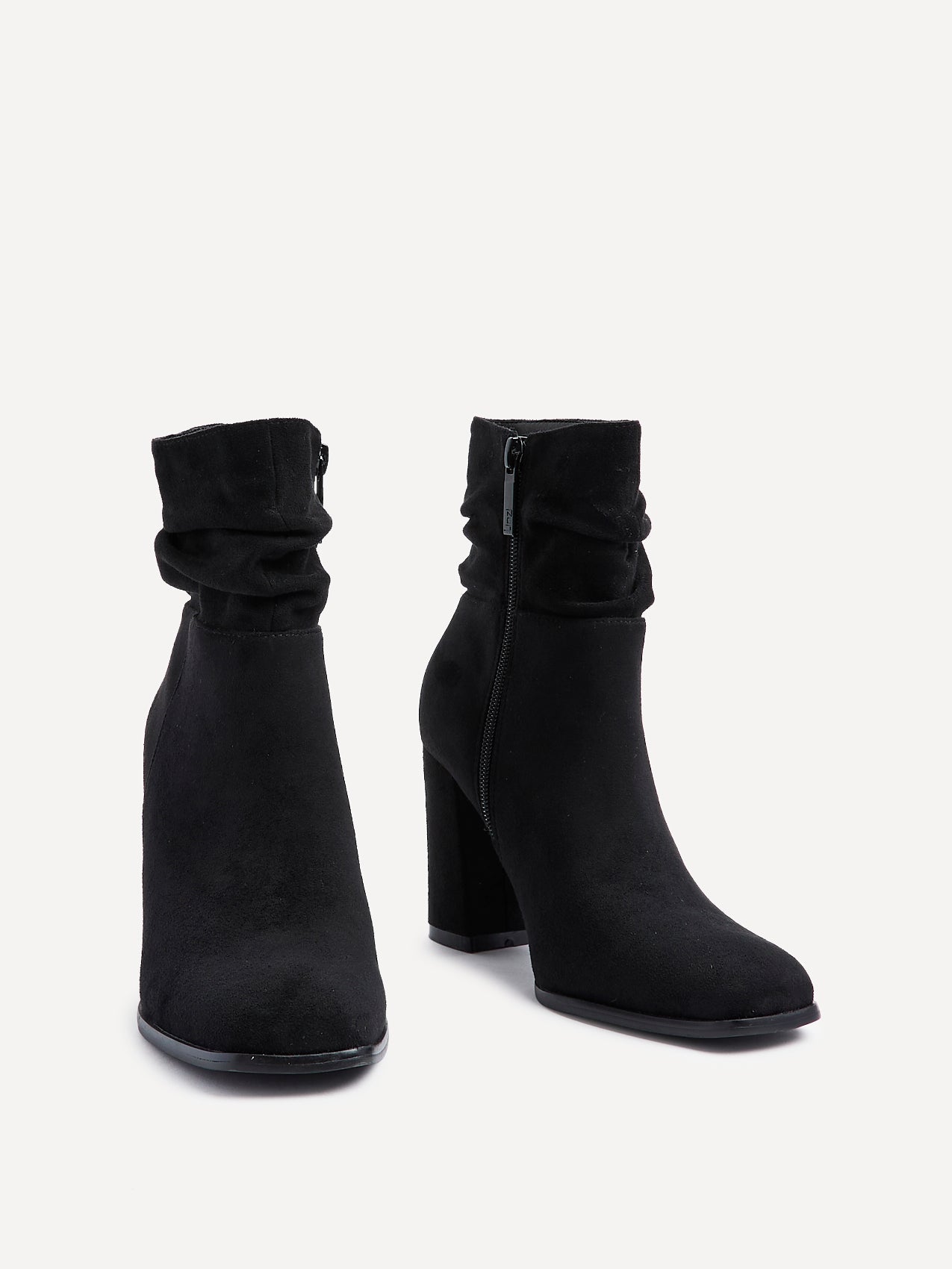 Mila Black Suede Heeled Ruched Ankle Boots