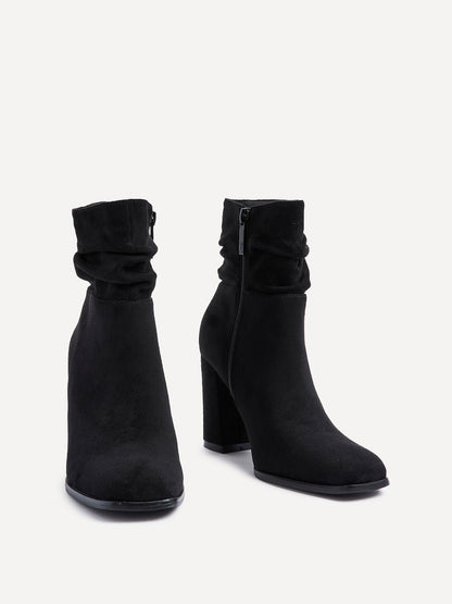 Mila Black Suede Heeled Ruched Ankle Boots