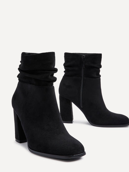 Mila Black Suede Heeled Ruched Ankle Boots