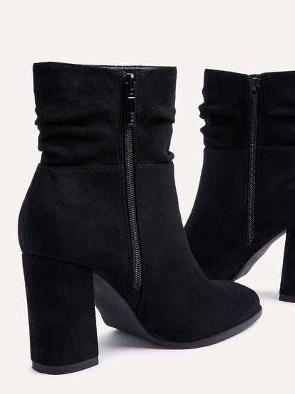 Mila Black Suede Heeled Ruched Ankle Boots