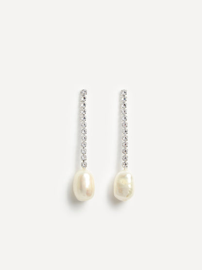 Moonlit Silver Crystal Drop Pearl Earrings