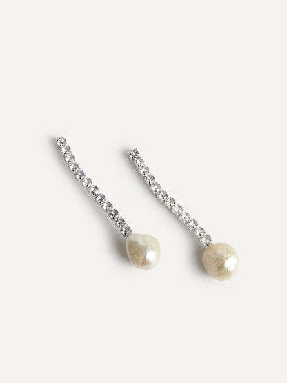 Moonlit Silver Crystal Drop Pearl Earrings