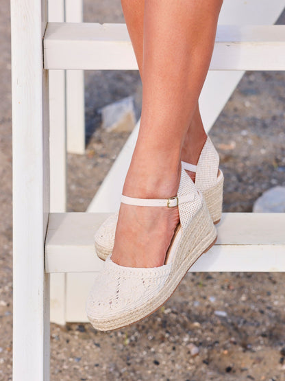 Mystic Beige Embroidered Espadrille Wedges