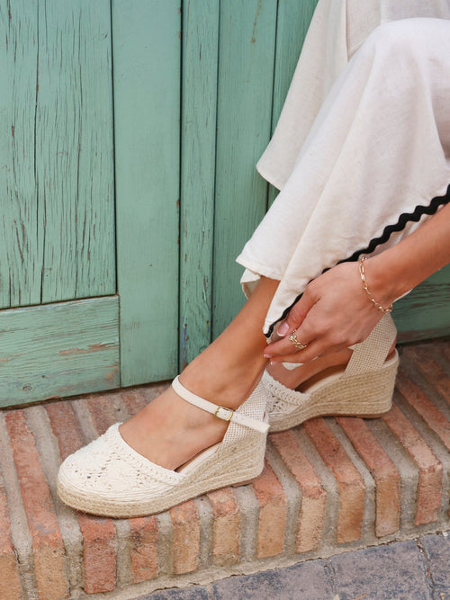 Mystic Beige Embroidered Espadrille Wedges