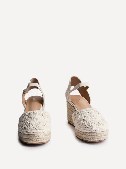 Mystic Beige Embroidered Espadrille Wedges