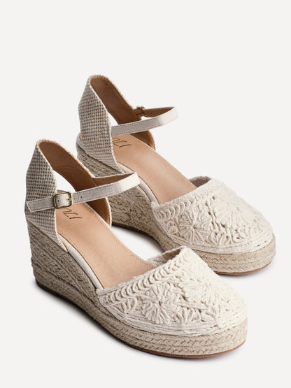 Mystic Beige Embroidered Espadrille Wedges