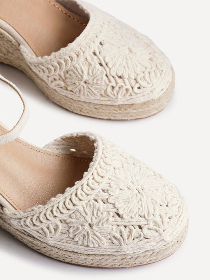 Mystic Beige Embroidered Espadrille Wedges