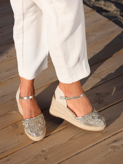 Mystic Gold Embroidered Espadrille Wedges