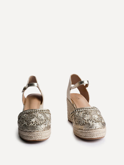 Mystic Gold Embroidered Espadrille Wedges
