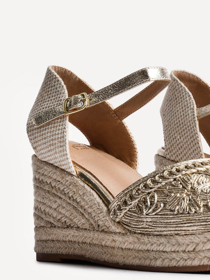 Mystic Gold Embroidered Espadrille Wedges