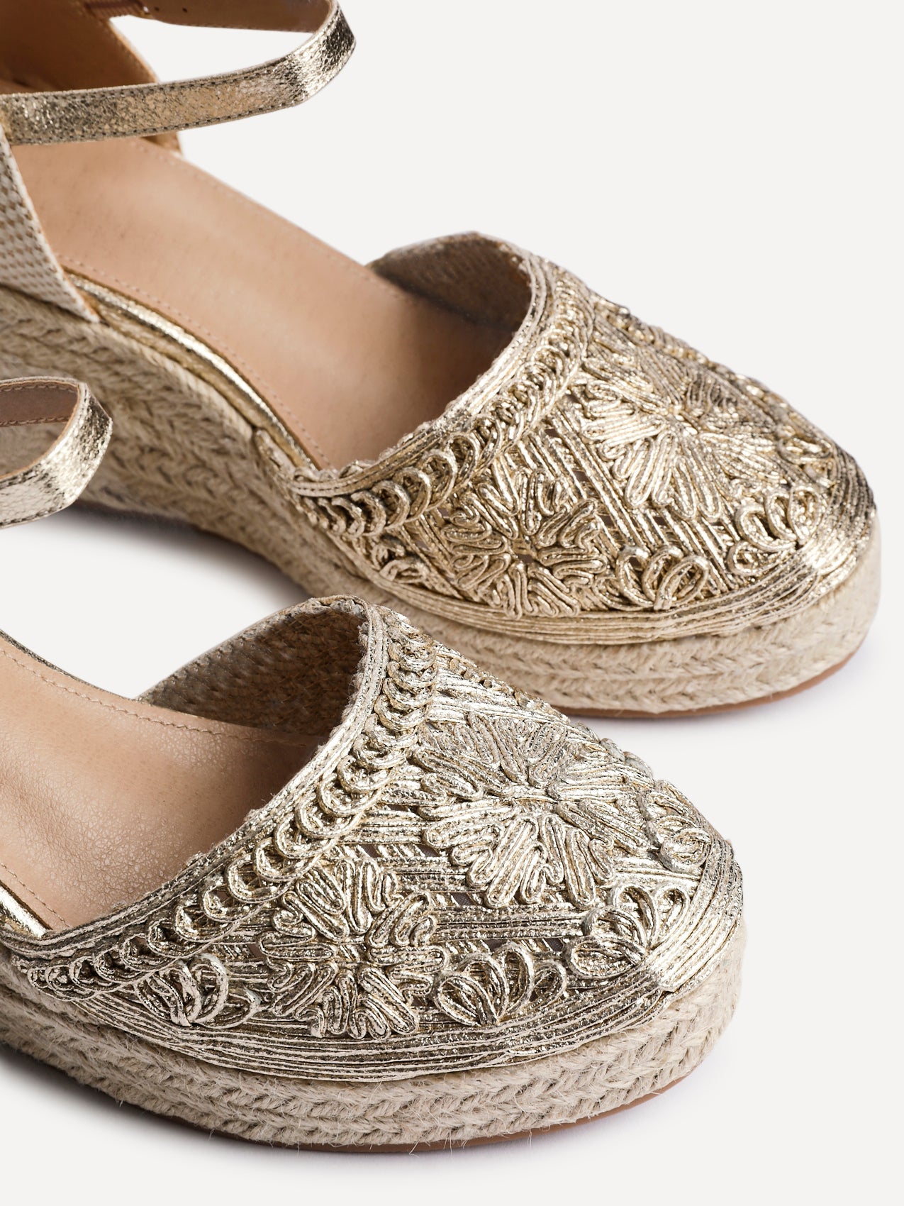 Mystic Gold Embroidered Espadrille Wedges