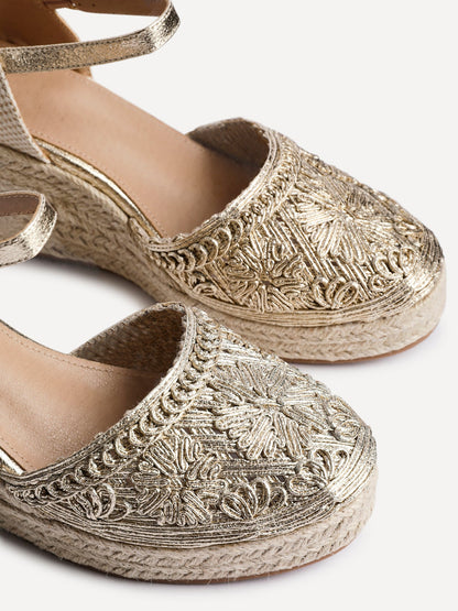 Mystic Gold Embroidered Espadrille Wedges