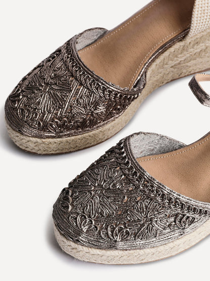 Mystic Pewter Embroidered Espadrille Wedges