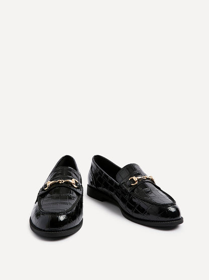 Maison Black Faux Croc Patent Leather Loafers