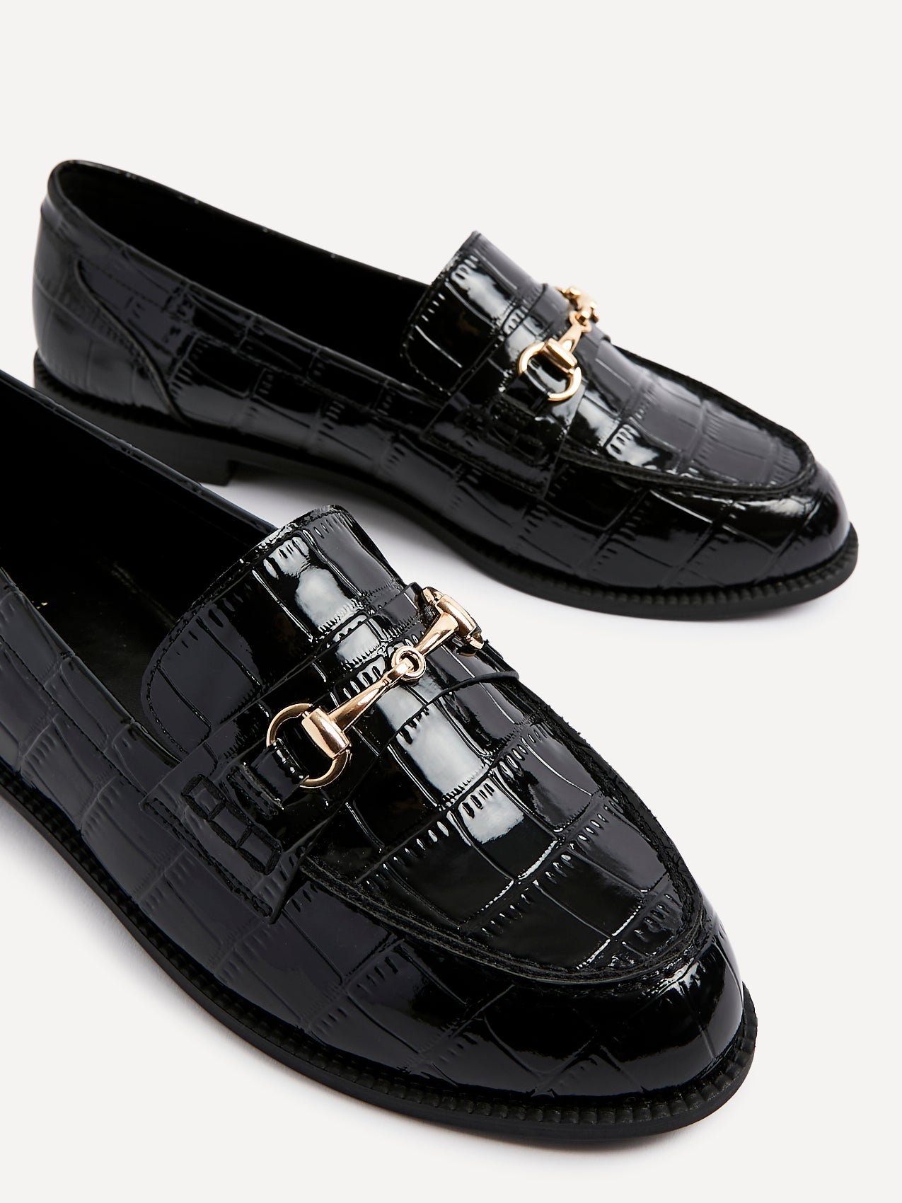 Maison Black Faux Croc Patent Leather Loafers