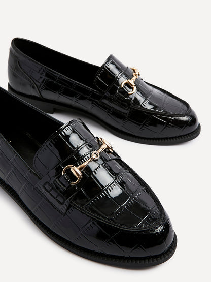Maison Black Faux Croc Patent Leather Loafers