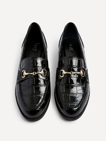 Maison Black Faux Croc Patent Leather Loafers